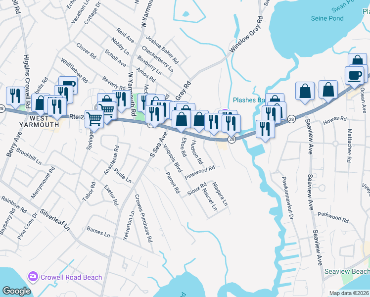map of restaurants, bars, coffee shops, grocery stores, and more near 621 Massachusetts 28 in Yarmouth