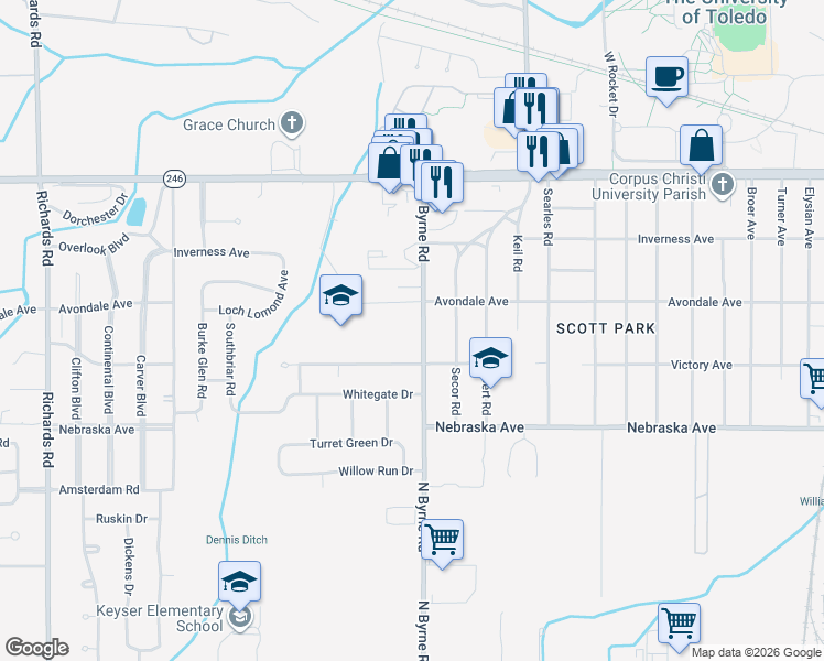 map of restaurants, bars, coffee shops, grocery stores, and more near 825 North Byrne Road in Toledo