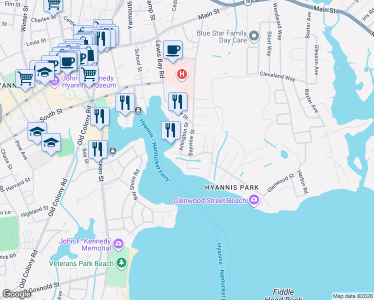 map of restaurants, bars, coffee shops, grocery stores, and more near 29 Arlington Street in Yarmouth