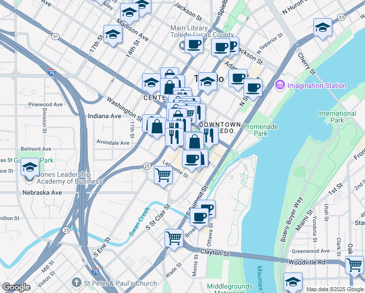map of restaurants, bars, coffee shops, grocery stores, and more near 601 Washington Street in Toledo