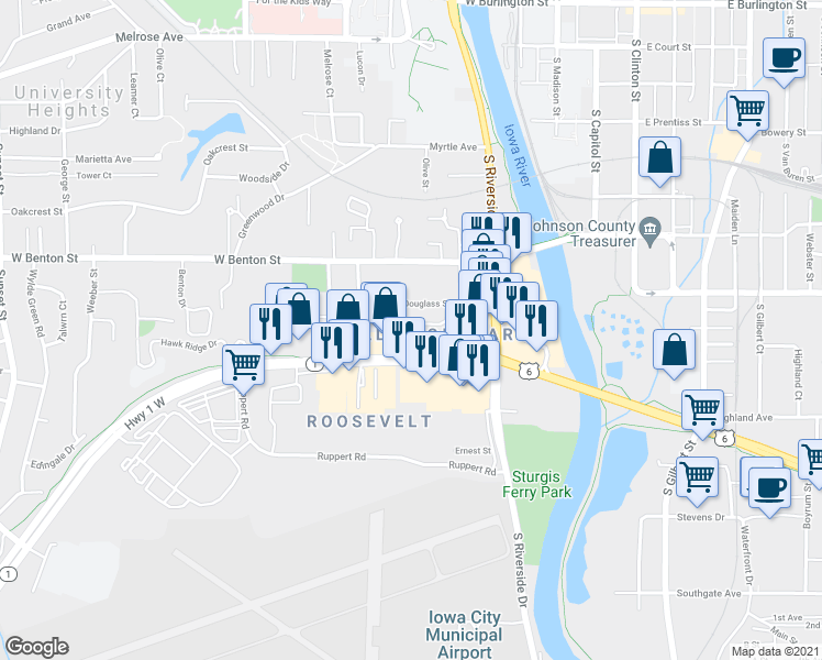 map of restaurants, bars, coffee shops, grocery stores, and more near 335 Douglass Court in Iowa City