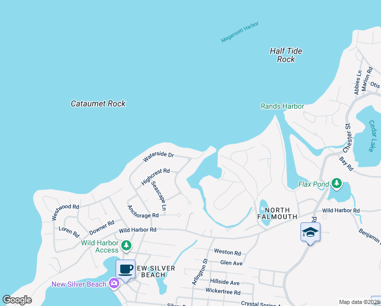 map of restaurants, bars, coffee shops, grocery stores, and more near 140 Waterside Drive in Falmouth