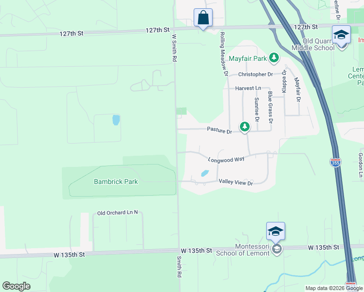 map of restaurants, bars, coffee shops, grocery stores, and more near 16728 Pasture Drive in Lemont