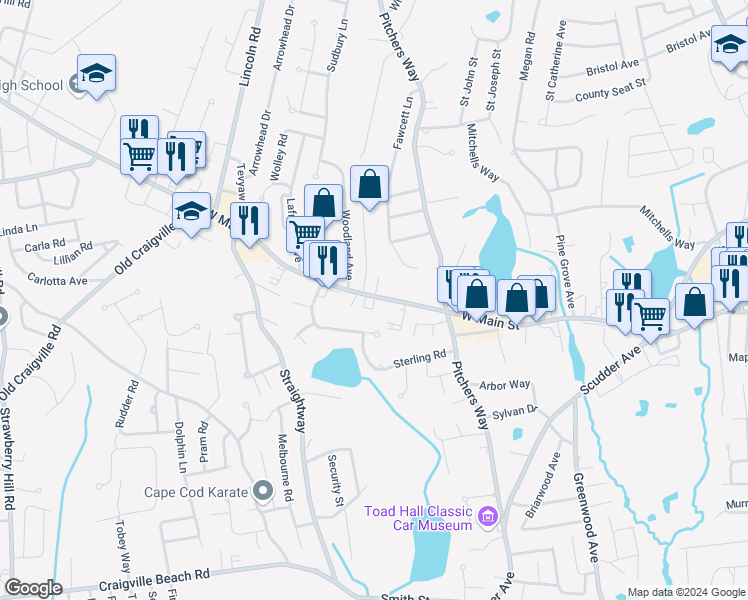 map of restaurants, bars, coffee shops, grocery stores, and more near 22 Pontiac Street in Barnstable