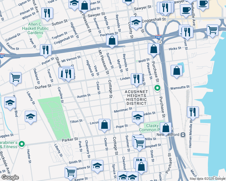 map of restaurants, bars, coffee shops, grocery stores, and more near 674 Cottage Street in New Bedford