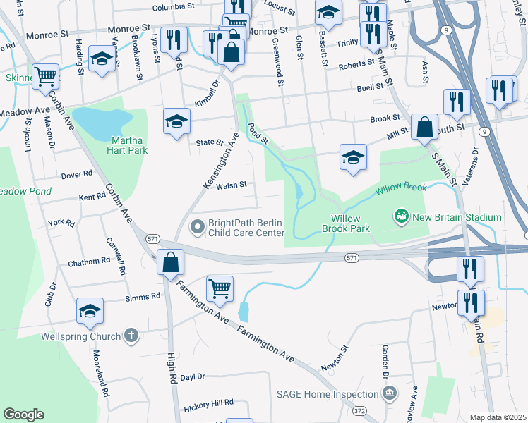 map of restaurants, bars, coffee shops, grocery stores, and more near 130 Clinic Drive in New Britain