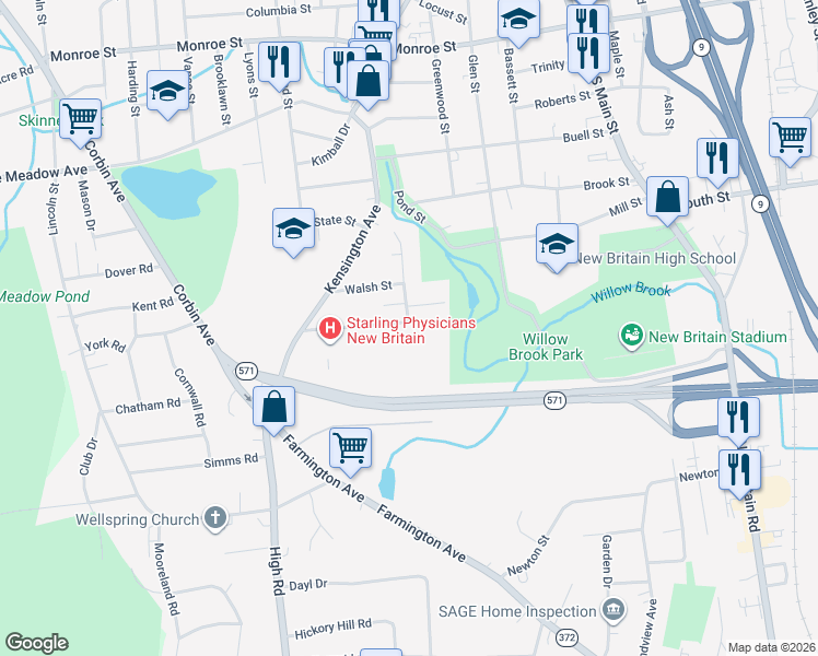 map of restaurants, bars, coffee shops, grocery stores, and more near 98 Clinic Drive in New Britain