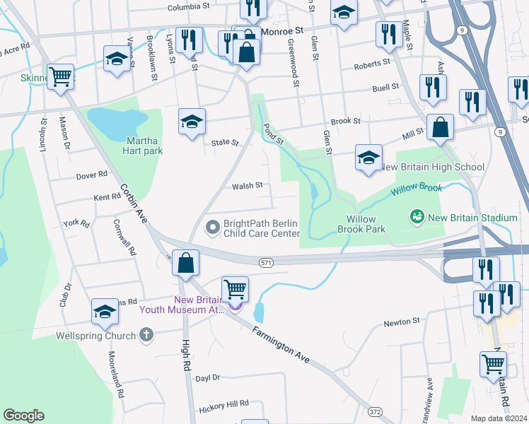 map of restaurants, bars, coffee shops, grocery stores, and more near 96 Clinic Drive in New Britain