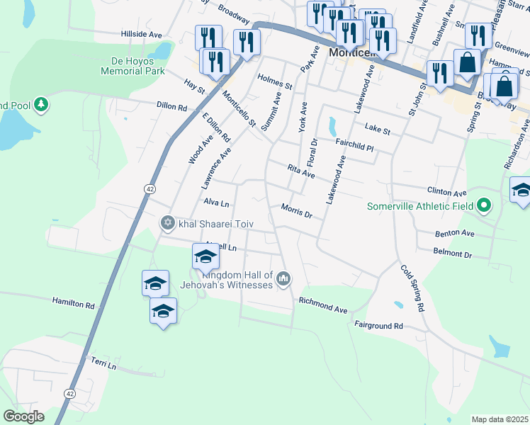 map of restaurants, bars, coffee shops, grocery stores, and more near 10 Cedar Park in Monticello