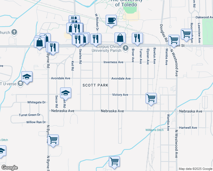 map of restaurants, bars, coffee shops, grocery stores, and more near 834 Mackow Drive in Toledo