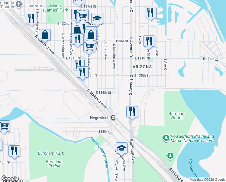 map of restaurants, bars, coffee shops, grocery stores, and more near 13535 South Buffalo Avenue in Chicago