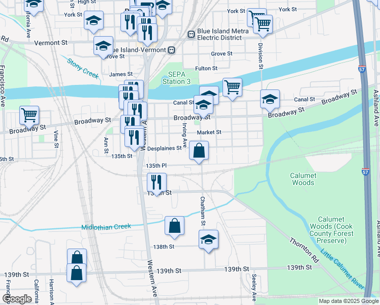 map of restaurants, bars, coffee shops, grocery stores, and more near 2242 Desplaines Street in Blue Island