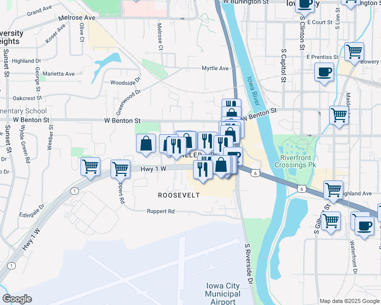 map of restaurants, bars, coffee shops, grocery stores, and more near 333 Douglass Street in Iowa City