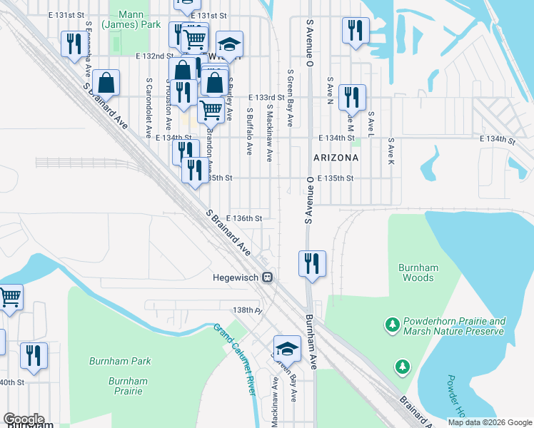 map of restaurants, bars, coffee shops, grocery stores, and more near 13535 South Buffalo Avenue in Chicago