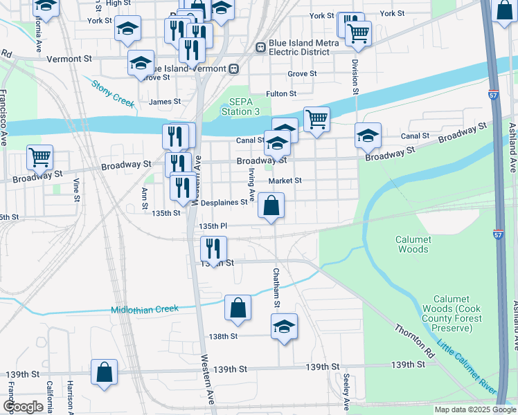 map of restaurants, bars, coffee shops, grocery stores, and more near 2242 Desplaines Street in Blue Island