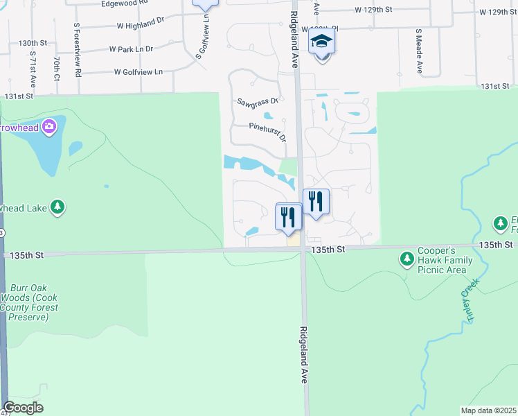 map of restaurants, bars, coffee shops, grocery stores, and more near 2803 Medinah Court in Palos Heights
