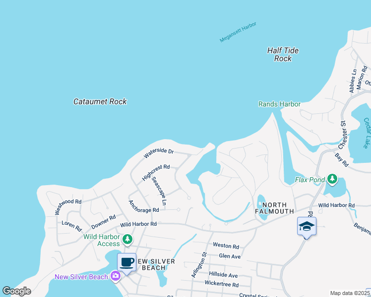 map of restaurants, bars, coffee shops, grocery stores, and more near 140 Waterside Drive in Falmouth