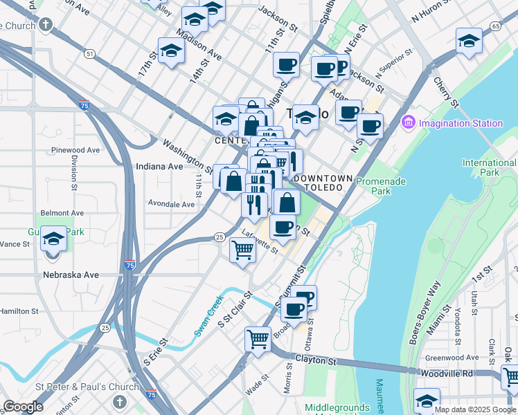 map of restaurants, bars, coffee shops, grocery stores, and more near 1 North Erie Street in Toledo