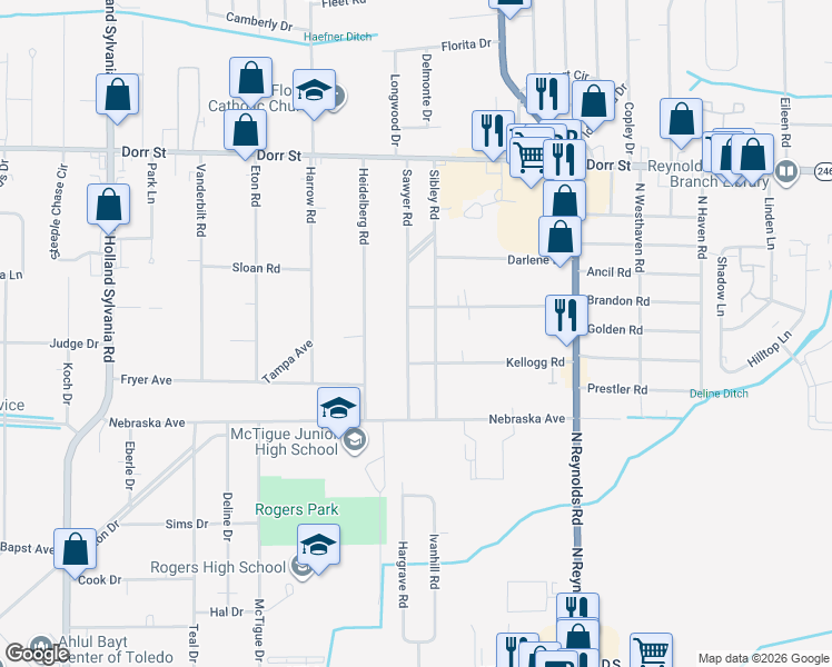 map of restaurants, bars, coffee shops, grocery stores, and more near 851 Sawyer Road in Toledo