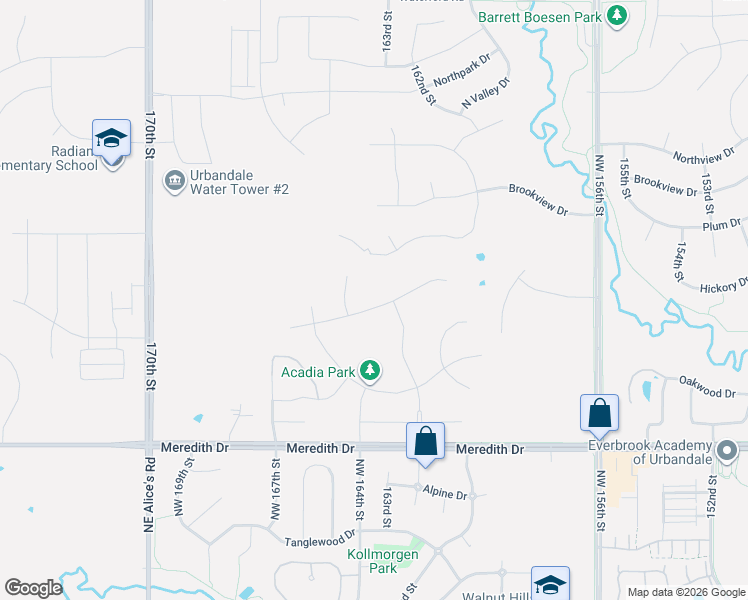 map of restaurants, bars, coffee shops, grocery stores, and more near 16216 Hickory Lane in Urbandale