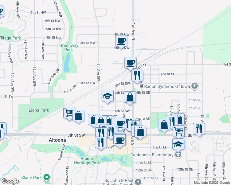 map of restaurants, bars, coffee shops, grocery stores, and more near 400 3rd Avenue Southwest in Altoona