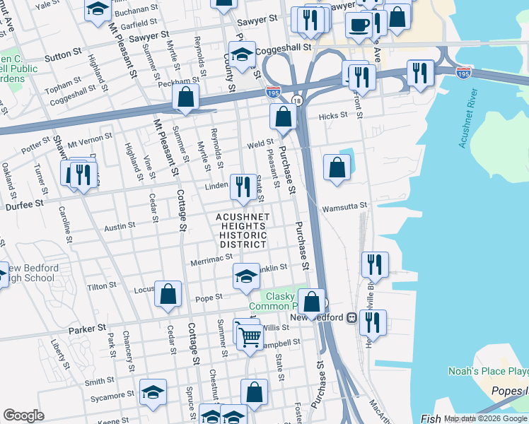 map of restaurants, bars, coffee shops, grocery stores, and more near 184 State Street in New Bedford