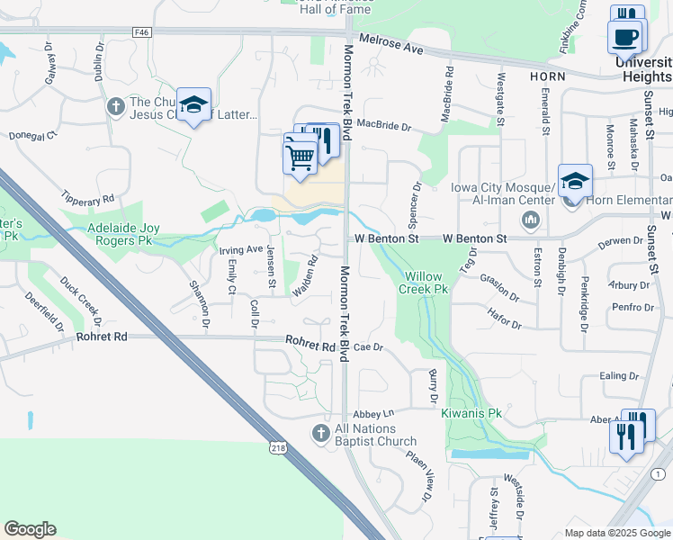 map of restaurants, bars, coffee shops, grocery stores, and more near 2423 Walden Road in Iowa City