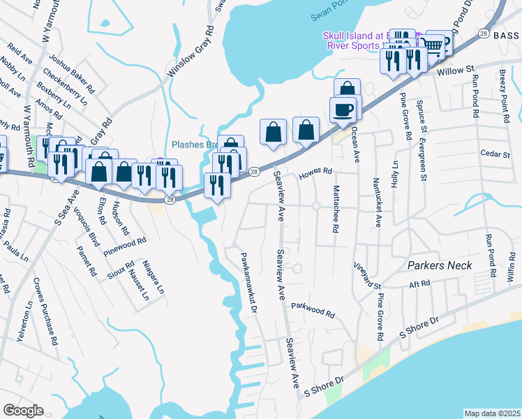 map of restaurants, bars, coffee shops, grocery stores, and more near 23 Pawkannawkut Drive in Yarmouth