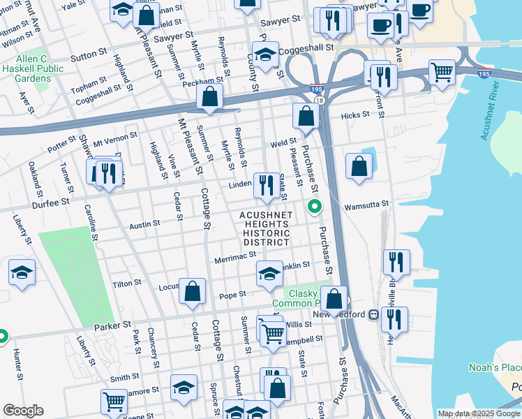 map of restaurants, bars, coffee shops, grocery stores, and more near 85R Austin Street in New Bedford