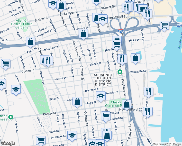 map of restaurants, bars, coffee shops, grocery stores, and more near 21 Ashland Place in New Bedford