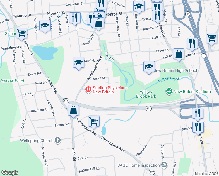 map of restaurants, bars, coffee shops, grocery stores, and more near 98 Clinic Drive in New Britain