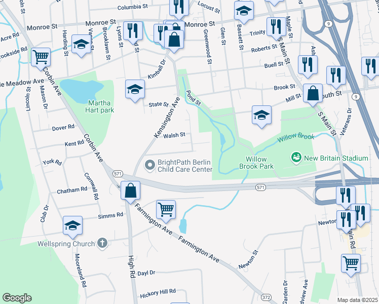 map of restaurants, bars, coffee shops, grocery stores, and more near 96 Clinic Drive in New Britain