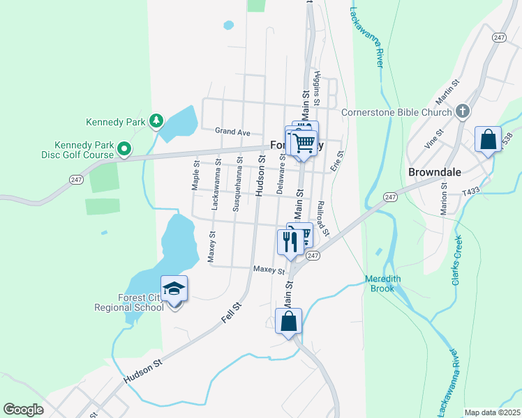 map of restaurants, bars, coffee shops, grocery stores, and more near 101-129 Depot Street in Forest City