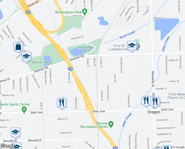 map of restaurants, bars, coffee shops, grocery stores, and more near 2154 Mechanic Street in Toledo