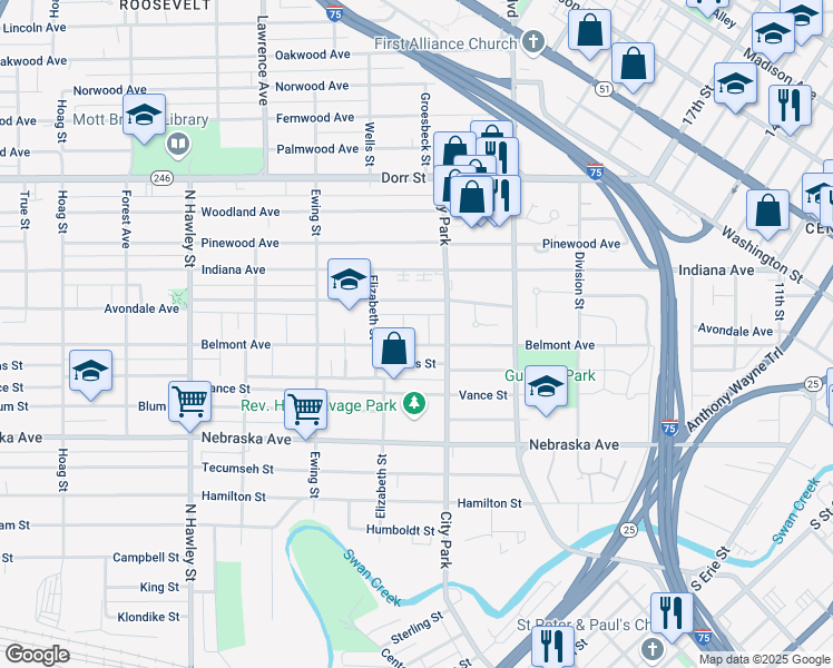 map of restaurants, bars, coffee shops, grocery stores, and more near 832 Sheridan Street in Toledo