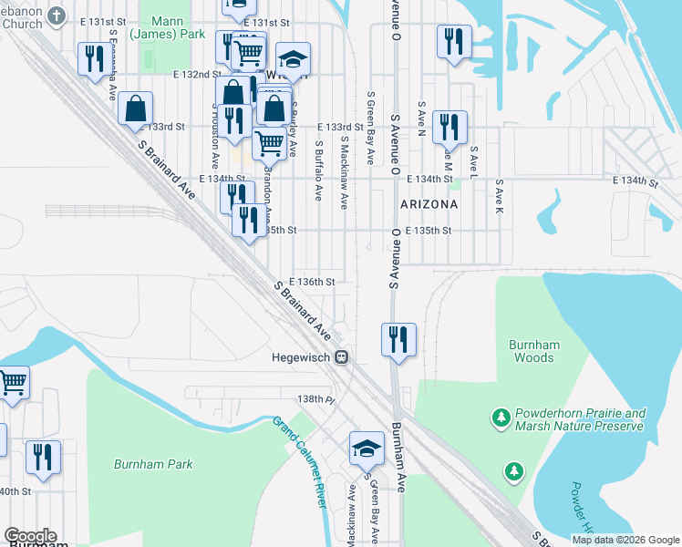 map of restaurants, bars, coffee shops, grocery stores, and more near 13535 South Buffalo Avenue in Chicago