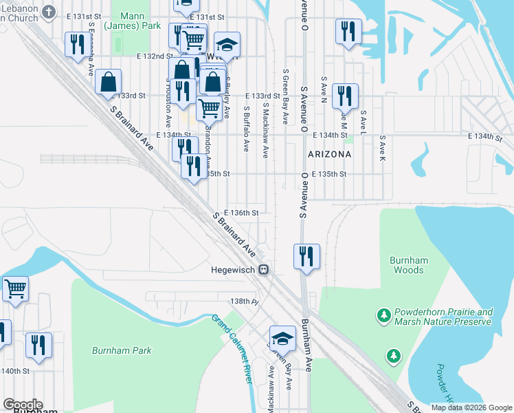 map of restaurants, bars, coffee shops, grocery stores, and more near 13535 South Buffalo Avenue in Chicago