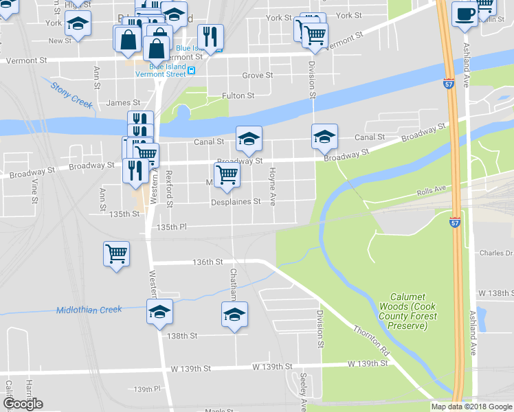 map of restaurants, bars, coffee shops, grocery stores, and more near 2118 Desplaines Street in Blue Island