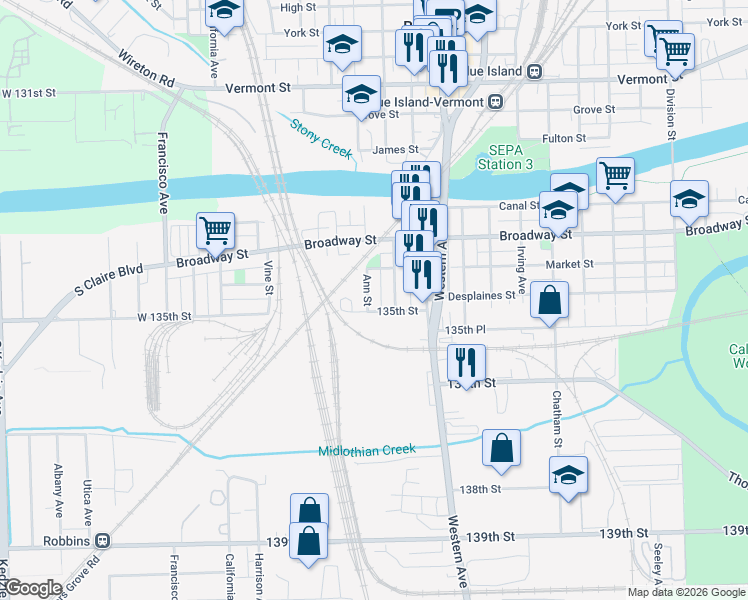 map of restaurants, bars, coffee shops, grocery stores, and more near 13414 Greenwood Avenue in Blue Island