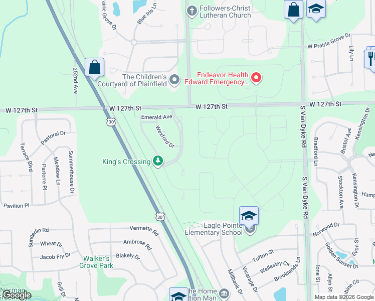 map of restaurants, bars, coffee shops, grocery stores, and more near 12741 Waterford Boulevard in Plainfield