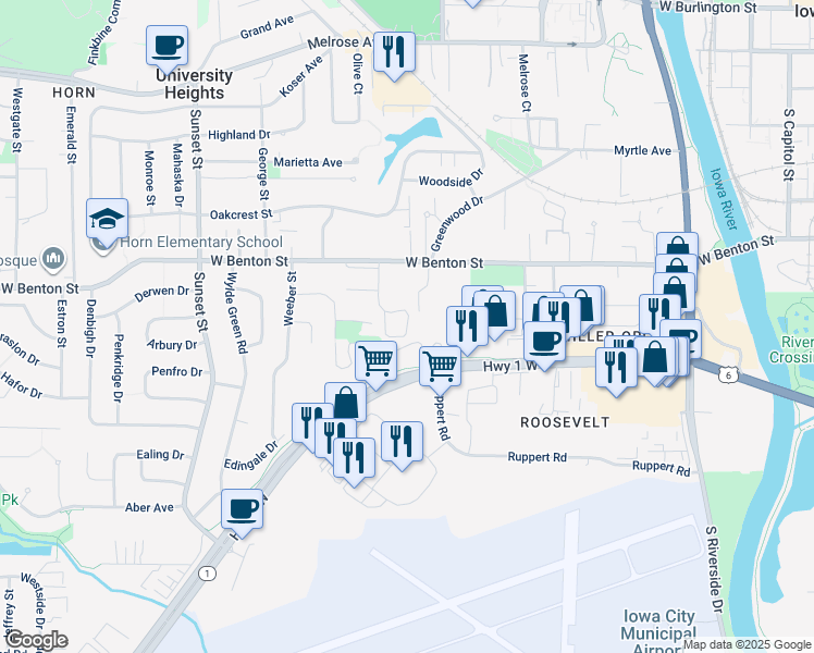 map of restaurants, bars, coffee shops, grocery stores, and more near 814 Benton Drive in Iowa City
