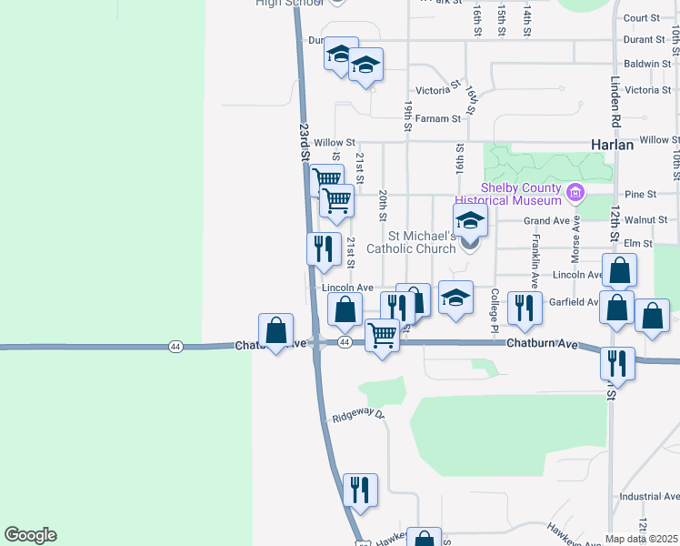 map of restaurants, bars, coffee shops, grocery stores, and more near 2010 23rd Street in Harlan
