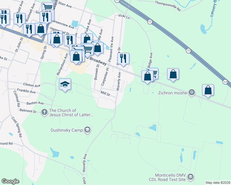 map of restaurants, bars, coffee shops, grocery stores, and more near 34/36 Waverly Avenue in Monticello