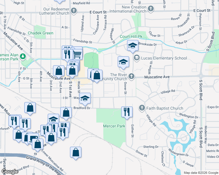 map of restaurants, bars, coffee shops, grocery stores, and more near 2707 Muscatine Avenue in Iowa City