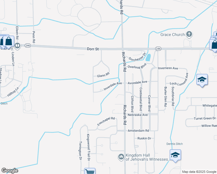 map of restaurants, bars, coffee shops, grocery stores, and more near Inverdale Avenue in Toledo