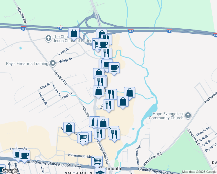 map of restaurants, bars, coffee shops, grocery stores, and more near 100 Old Faunce Corner Road in Dartmouth