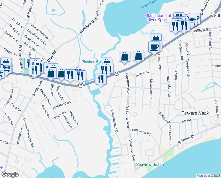 map of restaurants, bars, coffee shops, grocery stores, and more near 23 Pawkannawkut Drive in Yarmouth