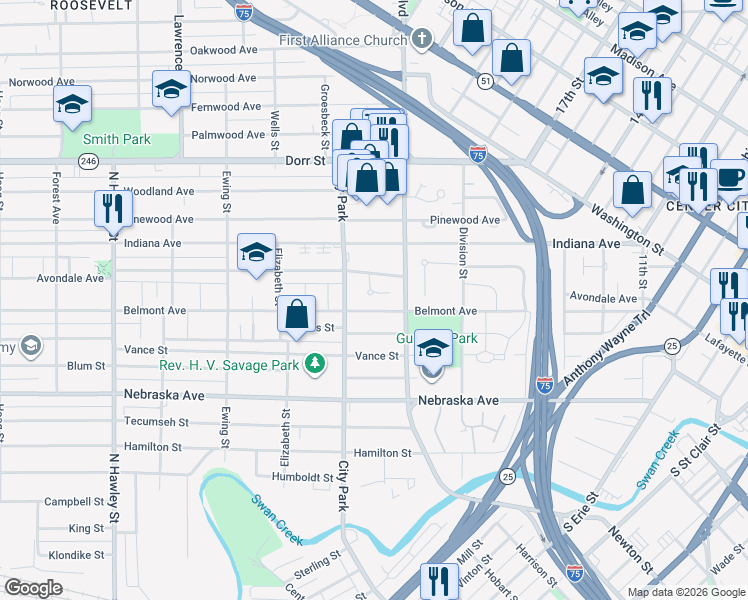 map of restaurants, bars, coffee shops, grocery stores, and more near 820 Hildebrand Avenue in Toledo