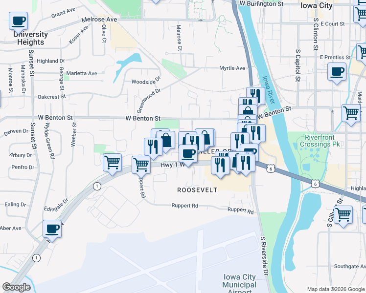 map of restaurants, bars, coffee shops, grocery stores, and more near 952 Miller Avenue in Iowa City