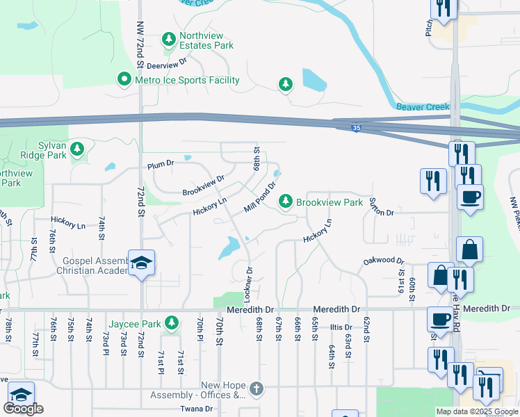 map of restaurants, bars, coffee shops, grocery stores, and more near 6834 Mill Pond Drive in Urbandale